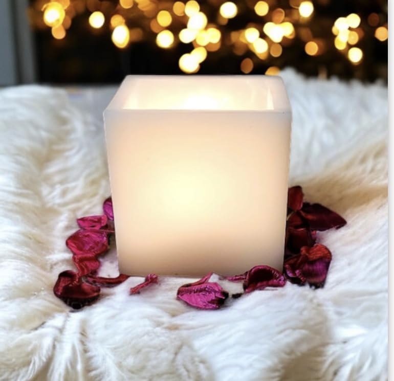 Ck Homez Handmade Wax Square Shaped White Hollow Candle with Inbuilt Led Light for Home Decoration and Gifting