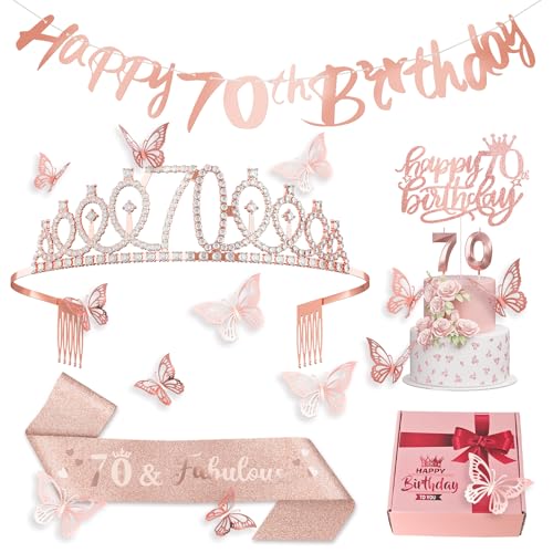 70th Birthday Decorations for Women Birthday Gifts Rose Gold 70th Birthday Sash, Tiara, Cake Topper, Number 70th Candles, Happy 70th Birthday Banner, 3D Butterfly 12pcs, Birthday Supplies