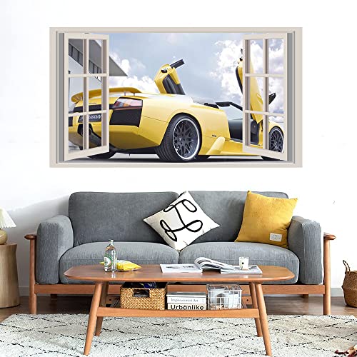 GADGETS WRAP Printed Wall Decal Sticker Fake Window Style Decal (90cm x 50cm) - Yellow Car (2)