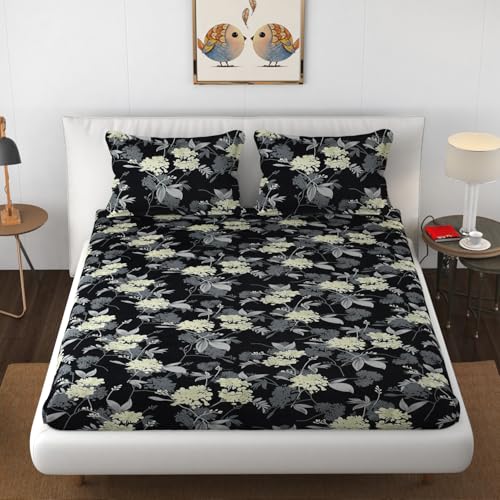 VAINE Premium Heavy Cotton Flat Bedsheets with 2 King Size Pillow Covers || Double Bed 350 TC || 90 x 100 Inch King Size Flat ||- Black-Cream Flower