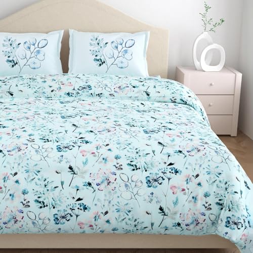 haus & kinder 100% Cotton Bed Sheet for King Size Bed, 1 King Size Bedsheet Cotton (108 X 108 Inches) with 2 Pillow Covers | 186 TC Bedsheet for Double Bed King Size | Light Blue Floral