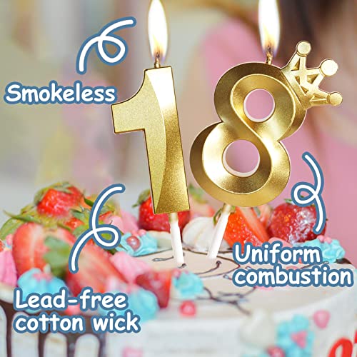 18th Birthday Candles for Cake, Number 18 Gold Candles with Crown, 3D Design Birthday Cake Topper for Boy Girl Women Men Birthday Party Wedding Anniversary Celebration Decorations Supplies