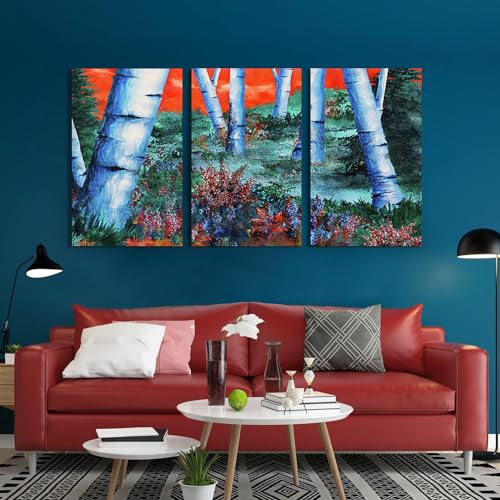 GADGETS WRAP Canvas Gallery Wrap Framed for Home Office Studio Living Room Decoration (3Part, 14x27inch Each) - Birch Trees At Sunset