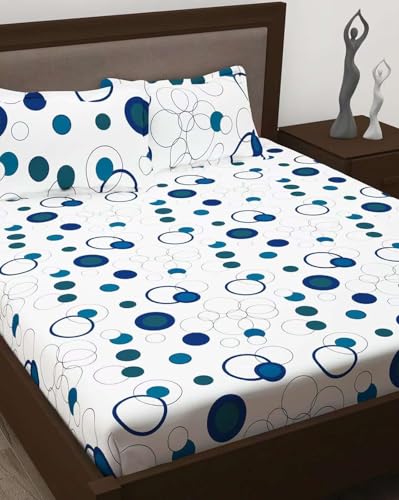 Premium Cotton All Around Elastic Fitted Double Bed Bedsheet (72” x 78”) with 2 Pillow Covers (16" x 26") (BS10 (B) White Circle)