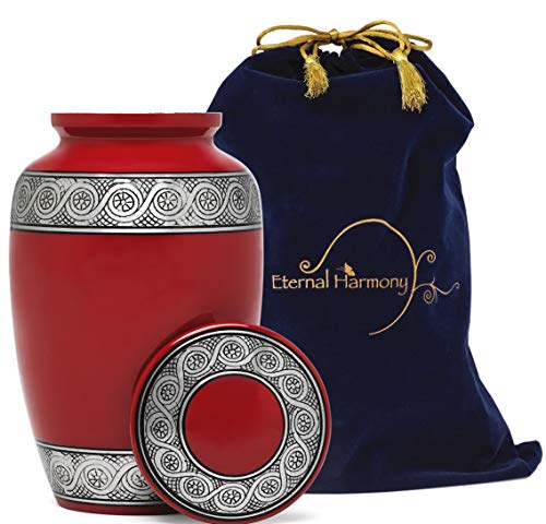 Eternal Harmony Cremation Urn for Ashes, Adult Male & Female Large Urn for Human Ashes with Elegant Finishes, Secure Seal & Velvet Bag, Funeral Urn for Men & Women Up to 200 lbs, 7 x 11 in (Red)