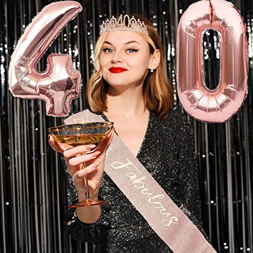 40th Birthday Gifts Decorations for Women, Including 40th Happy Birthday Cake Toppers, Birthday Queen Sash with Pearl Pin, Sweet Rhinestone Tiara Crown, Number Candles and Balloons Set