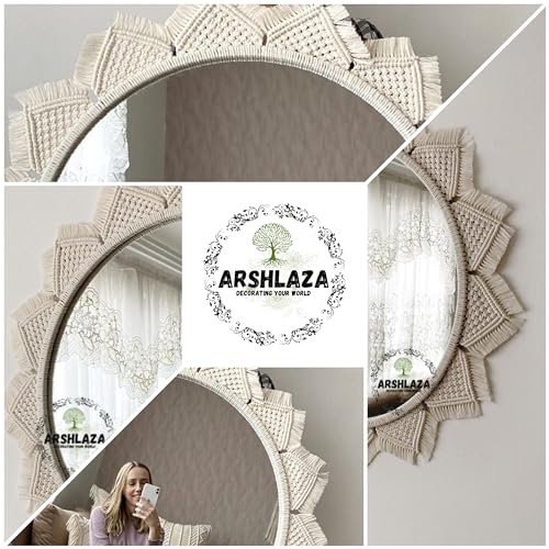 ARSHLAZA Macrame Wall Hanging with Fringe Round Mirror for Living Room, Off- White (M117)