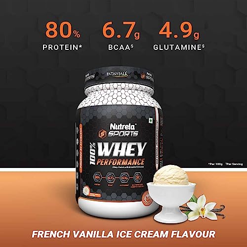 NUTRELA Sports Patanjali Premium 100% Whey Performance Protein Powder | 80% Protein, 6.7g BCAA, 4.9g Glutamine | 1kg – Vanilla Ice Cream Flavour