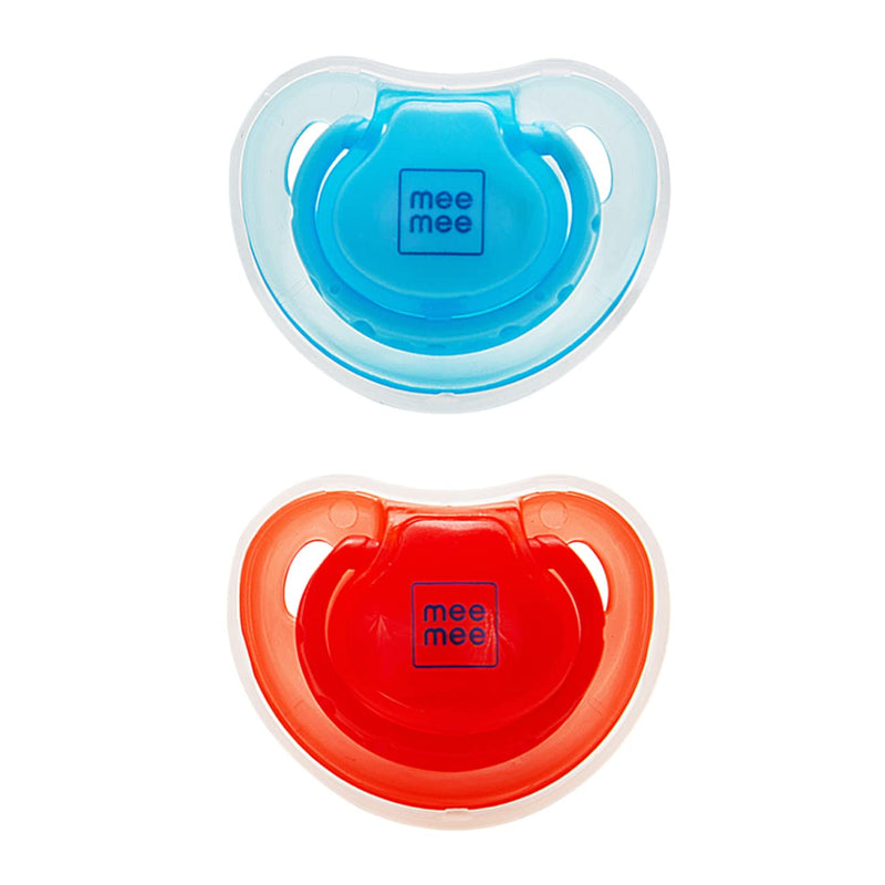 Mee Mee Baby Pacifier Ultra Light Soft Silicone Nipple| BPA Free | Oral stimulatory | Teether | Pack of 2 | 0-6 months + Kids (Blue/Red)