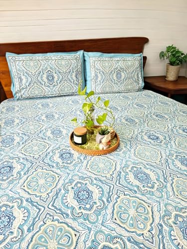 Feels Like Home 180 TC 100% Cotton Super King Size Bedsheet, 1 Bedsheet and 2 Pillow Covers, Block Printed, Uphaar Collection - Blue Mughal Print, 95 x 108 Inch, Jaipuri Bedsheet