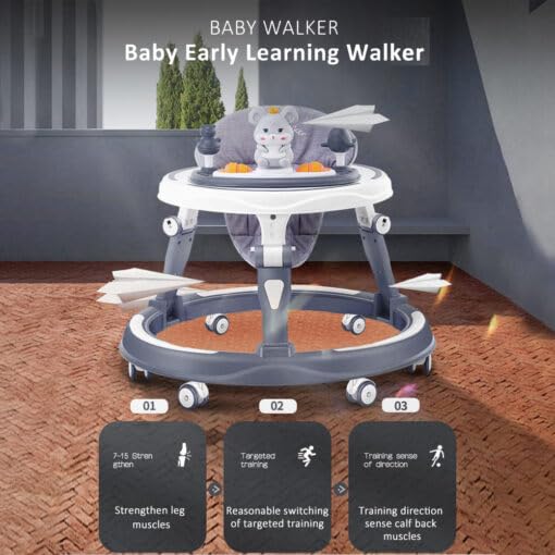 StarAndDaisy 360° Baby Walker Adjustable Height, Multi-Function Anti-Rollover Folding Walker with Height Adjustable 6-24 Months Baby Walker with Recreational Toy bar (Grey)