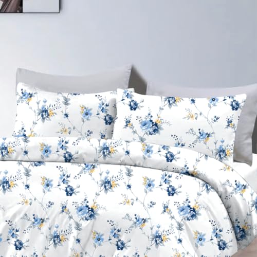 Tannarry Soft Cotton Floral Print 144 TC Super King Size Bedsheet (274 * 274cm) with 2 Pillow Covers (46 * 68cm)- Blue