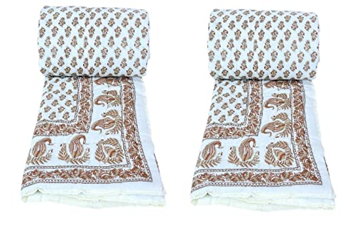 SIBLEY Cotton Jaipuri Light Weight Traditional Rajasthani Print Single Bed Quilt/Razai/Rajai (Design 3, Single Bed - Set of 2 - Off White)