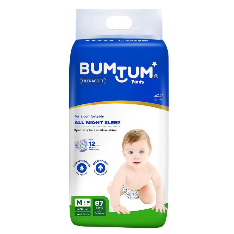 Bumtum Baby Diaper Pants, Medium/M Size, 87 Count, Double Layer Leakage Protection Infused With Aloe Vera, Cottony Soft High Absorb Technology