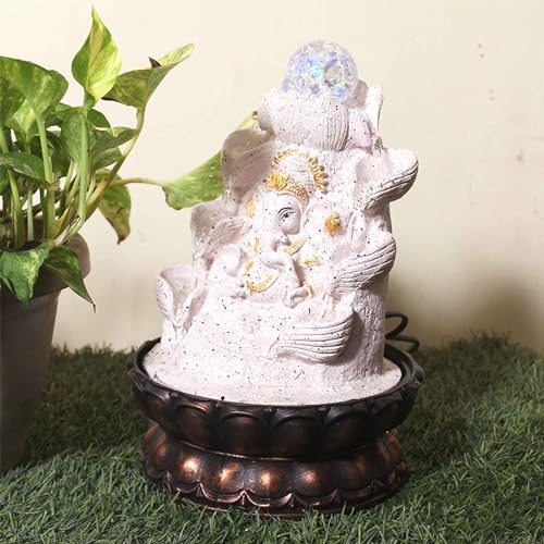 Art N Hub Lord Ganesha Tabletop Waterfall Fountain Decorative Gift Items for Home and Office with Crystall Ball LED Light | Home Inauguration Gift Items (20 x 20 x 29 CM | Dotted Pink Golden)