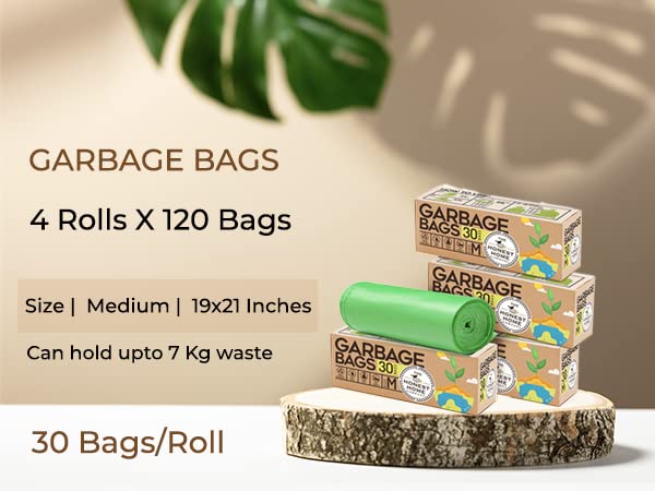 THE HONEST HOME COMPANY | Biodegradable Garbage Bags Medium Size | 120 Dustbin Bags | 30 Medium Bags/Roll | 19 X 21 Inches Trash Bags | Pack Of 4 Rolls - Green (As seen on Shark Tank)