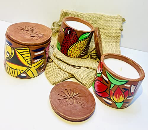 Alokya - Pack of 3 - Single Wick (Small) Scented Candle in Terracotta Jar with Pattachitra Folk Art (Aranya/Gulshan/Gulshan)