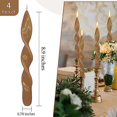 Brown Spiral Taper Candles Sticks - 4 PCS Unscented Taper Candlesticks 9 inch Dinner Candle for Home Decor, Relaxation & All Occasions