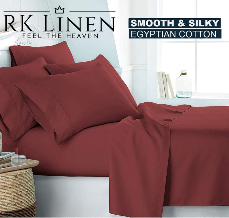 RK LINEN Egyptian Cotton 550 Thread Count 4 Pieces Breathable |Luxurious |Ultra Soft| Sateen Weave 1 Flat + 1 Fitted (Up to 12" Deep) + 2 Pillow Bedsheet Set|| Queen Size,Burgundy Solid