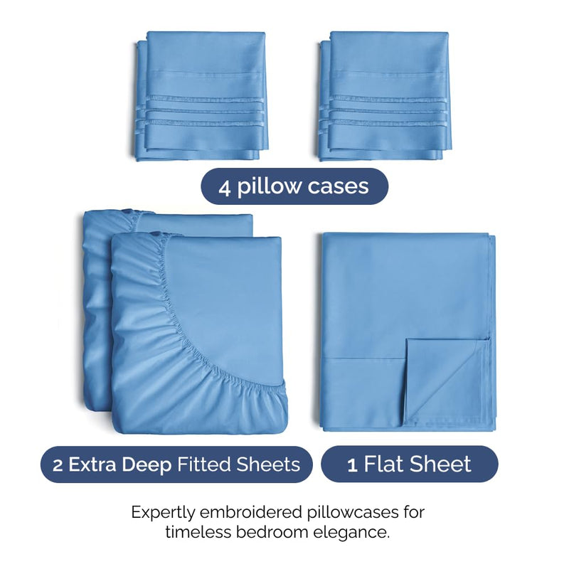 CGK Unlimited Extra Deep Pocket Sheets - 21 inch Deep Pockets (Split King, Denim Blue)