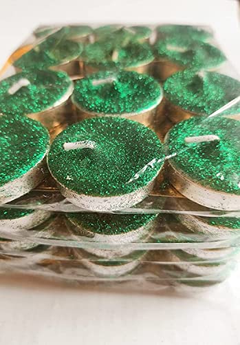 Candle Station Glitter tlight Pack of 60 tlight Green Candles unscented Burning time 3 to 4 Hours in House 1 Hour in Open air Under Sky katori Size 1.5"x0.5"