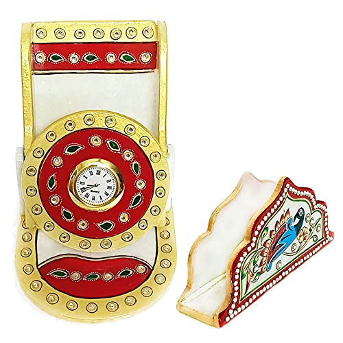 Handicraft Kingdom White Marble Mobile Holder Organizer for Home & Office Tv | Phone Stand with Inbuilt Small Clock & Card Organizer for Girls & Boys | Approx Size (4.5 Inch) & Wt (900 Gm) Pack of 2