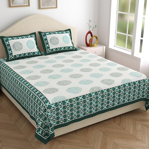 WestNic Jaipuri Print 100% Pure Cotton King Size Bedsheet for Double Bed | 400 TC (Thread Count) | Size 90 X 108 Inches | with 2 Cotton Pillow Covers | Floral Print Design-Karry (Forest Green)