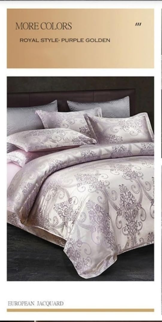 it&C's Imported Jackquard Silk and Cotton 5 Pcs King Size Double Bed Bridal Designer Bedding Set with Heavy Quilt/Comforter (Silver Purple)