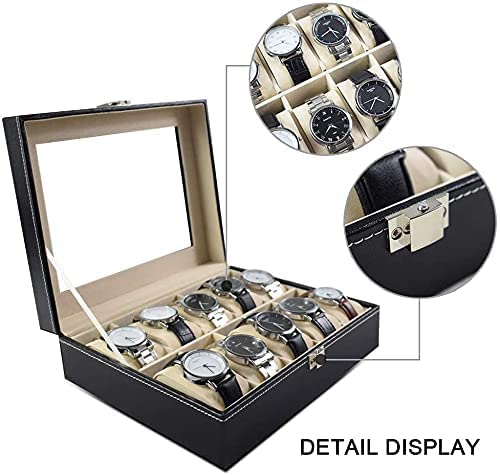 WOLBLIX Watch Box 10-Slot, Watch Holder with Glass Lid, Watch Case with Removable Watch Pillow, Velvet Lining, Metal Clasp, Watch Box Display PU Leather Case Organizer Men's & Women's Gift Business