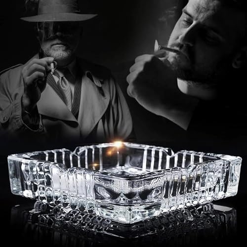 SIDSONS Large Glass Ashtray Square Cigarettes Cigars Crystal Cut Effect Transparent Glass Ash Tray Glass Indoor Outdoor Home Office Tabletop Restaurant Pub Garden, 18cm x 18cm 4cm Height