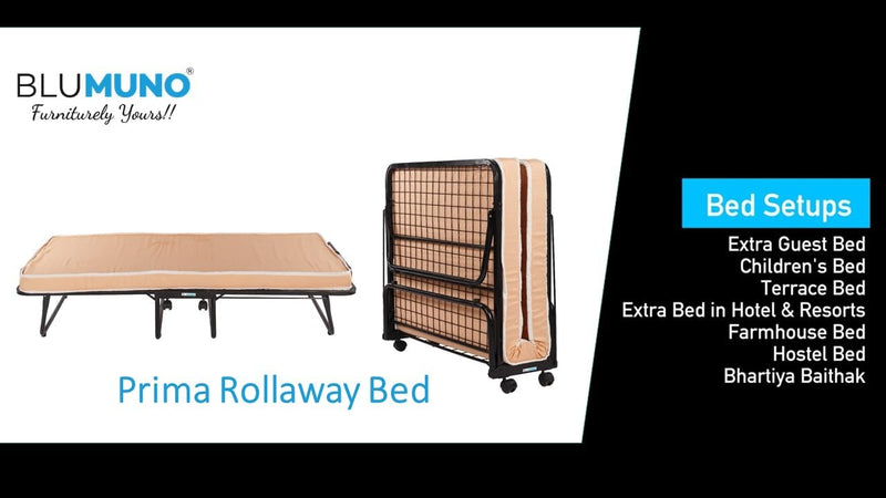 Blumuno Prima Rollaway Folding Bed with Wheels (Includes 3.5" Premium Foldable Mattress) Single Comfortable Bed/Metal Bed/Extra Guest Bed (Black Premium Powder Coating)