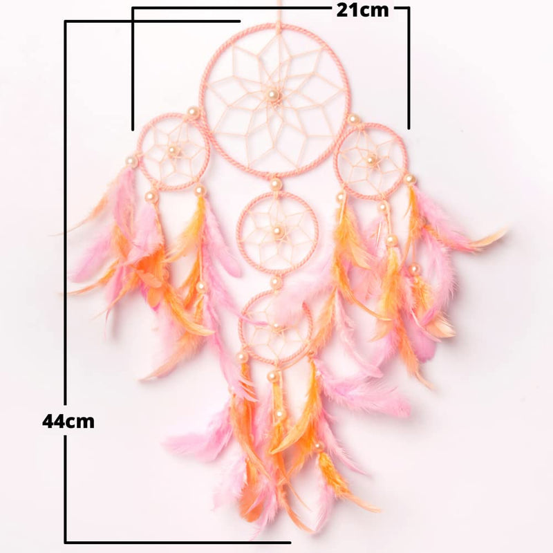 Rooh Dream Catcher ~ Pastel Peach and Pink 4 Tier with LED Lights ~ Handmade Hangings for Positivity (Can be Used as Home Décor Accents, Wall Feather Hangings,Meditation Room, Yoga Temple, Windchime)