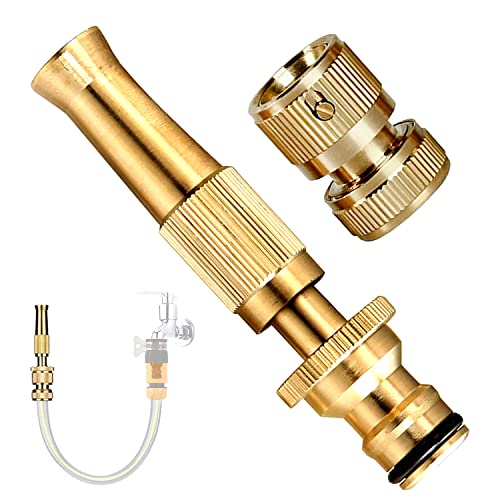 Oriley Pure Brass Water Spray Gun Nozzle Heavy Duty Suitable for 1/2" Hose Pipe Jet Adjustable Pressure Washer for Car Gardening Pets Window & Plants Washing (Brass, 1 Nozzle & Removable Connector)