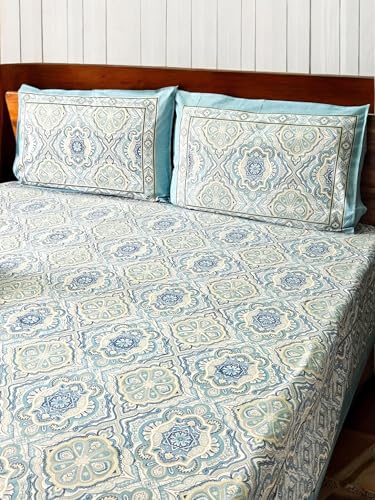 Feels Like Home 180 TC 100% Cotton Super King Size Bedsheet, 1 Bedsheet and 2 Pillow Covers, Block Printed, Uphaar Collection - Blue Mughal Print, 95 x 108 Inch, Jaipuri Bedsheet