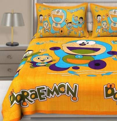 Aarohi Home - Cartoon Print 144 TC Cotton Double Bedsheet with 2 Pillow Covers, Yellow, Kids