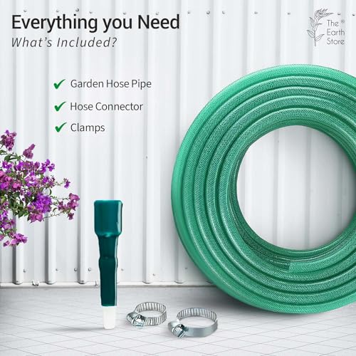 The Earth Store Heavy Duty 3 Layered 05 Meter 0.75 Inch PVC Green Braided Water Pipe for Garden with Hose Pipe Nozzle & 2 Clamps for Outdoor-Indoor Use Car Washing, Cleaning, Watering Garden Pipe