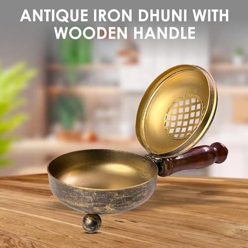 DOKCHAN Iron dhuni with Wooden Holder for Lohan dhoop dhuni, for Pooja, Temple, Home/use Diwali Special Pooja dhoop dhuni with Wooden Holder (Small)