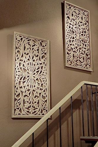 ZONAIRA WOODEE Hand Carved Wooden Wall Panel, Wall Panels for Living Room Bedroom Office 36x15 Inch(White)