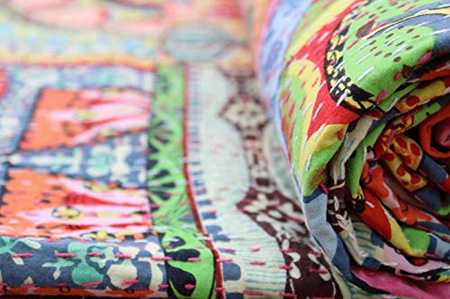 Fashion Hub Textile Work Creations Cotton Patchwork Floral Hand Printed Kantha Patch Design Bedding Quilt (Multicolour, 60x90 Inch)