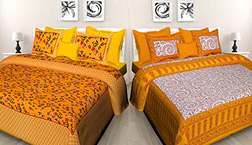 JAIPUR PRINTS Pure Jaipuri Print 100% Cotton Rajasthani Combo Bedsheet for Double Bed Tradition 2 Double Bedsheet with 4 Pillow Cover - FASHION-19