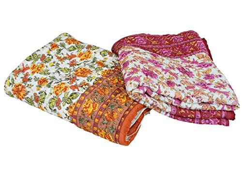 fashhub Jaipuri Quilt Traditional Single Bed Pure Cotton/Rajai/Razai/Blanket Rajasthani Print Light Weight (Garden Flower Beige and Pink) (Set of 2)