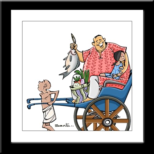 Sentoor Kartoon Kolkata Souvenir Aesthetic Banaglai Babu Tana Rickshaw Hand Painted Wooden Photo Frame Gift Size 7 X 7inches