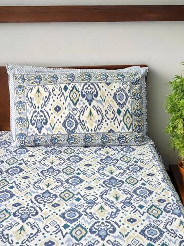 Feels Like Home 240 TC 100% Cotton Super King Size Bedsheet, 1 Bedsheet and 2 Pillow Covers, Block Printed, Olyander Collection - Blue Ikkat Print,108 x 108 Inch, Jaipuri Bedsheet