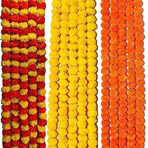 DECOFOLD Genda Phool Yellow Dark Orange Artificial Marigold Fluffy Flower/Genda Phool Garlands String for Diwali, Navratri,Durga Pooja Festival Office Decoration 5 Feet (Pack of 15)