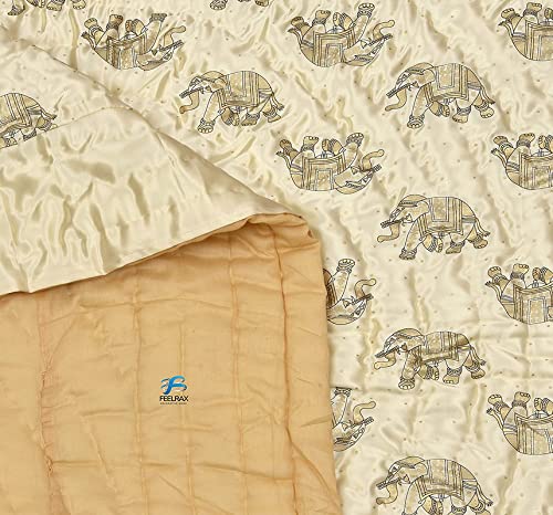 Hubistic Jaipuri Razai Rajasthani Traditional Silk Fabric Filling Pure Cotton Lightweight Winter and Summer Rajai Quilt Bedding Jaipuri Quilt Throw Blanket (Cream Elephant Single Bed 60 X 90 INCHES)