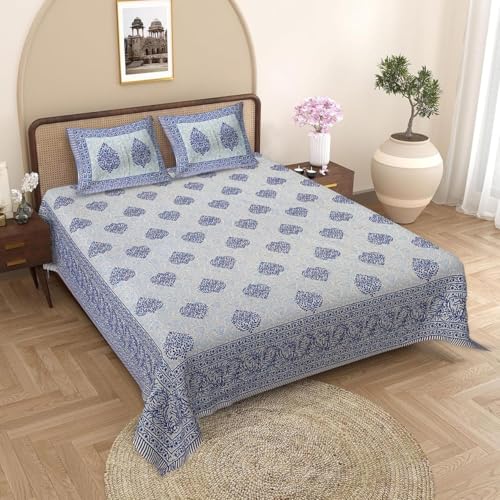 Silvatt 100% Jaipuri Cotton King Size Bedsheet for Double Bed, 1 Cotton Bed Sheet Double Bed (90 X 108 Inches) with 2 Pillow Covers | Bedsheet Double Bed Cotton Ethnic Blue Taditional Leaf Pattern