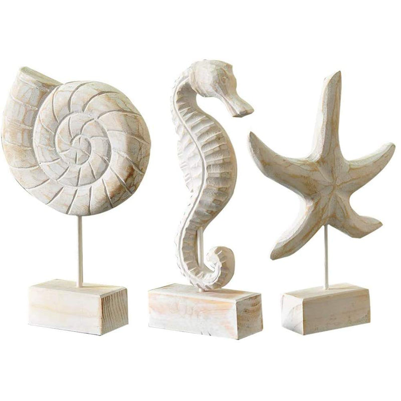 Creproly 3Pcs Modern Wood Sculpture Home Decor Statue Starfish Conch Seahorse Figurines Beach Nautical Style Table Sculptures Home Decor