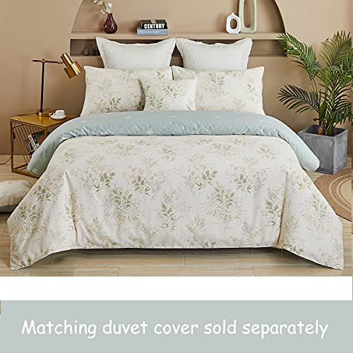 FADFAY Queen Bed Sheet Sets, Floral Leaves Bed Sheet Set Premium 100% Cotton 600 TC Green & Cream Flower Bedding Botanical Pastel Printed Soft Deep Pocket Fitted Sheet 4Pcs, Queen