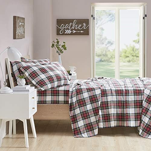 Comfort Spaces Cotton Flannel Breathable Warm Deep Pocket Sheets With Pillow Case Bedding, King, Scottish Plaid Red