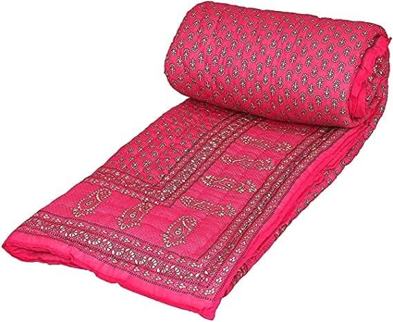 OM Enterprises 300 Tc Single Bed Jaipuri Razai Organic Pure Cotton Jaipuri Rajai Ac Quilt for Winter Summer Soft Light Weight Rajasthani Traditional Comforter 55 X 85 Inch (Rani, Single)